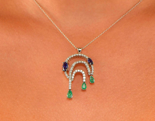 18K White Gold Diamond Emerald Sapphire Necklace - Luxury Statement Layered Pendant Fine Jewelry Gift