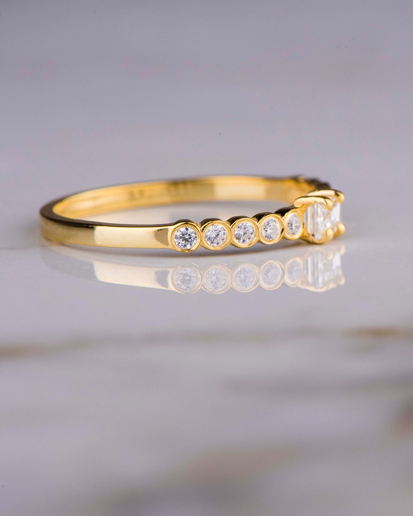 14K Gold Baguette and Round Diamond Ring – Dainty Stackable Engagement Band