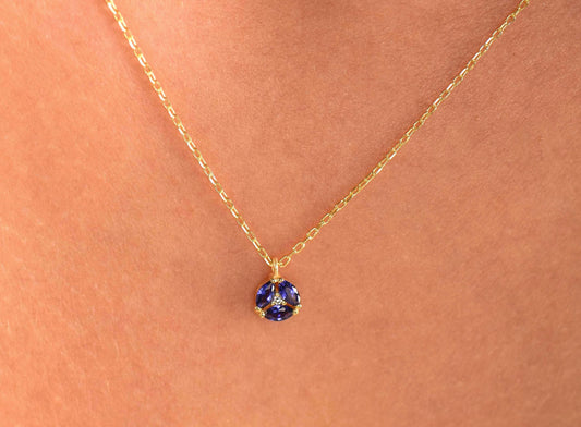 14K Yellow Gold Sapphire and Diamond Necklace - Marquise Cut Blue Gemstone Pendant for Her