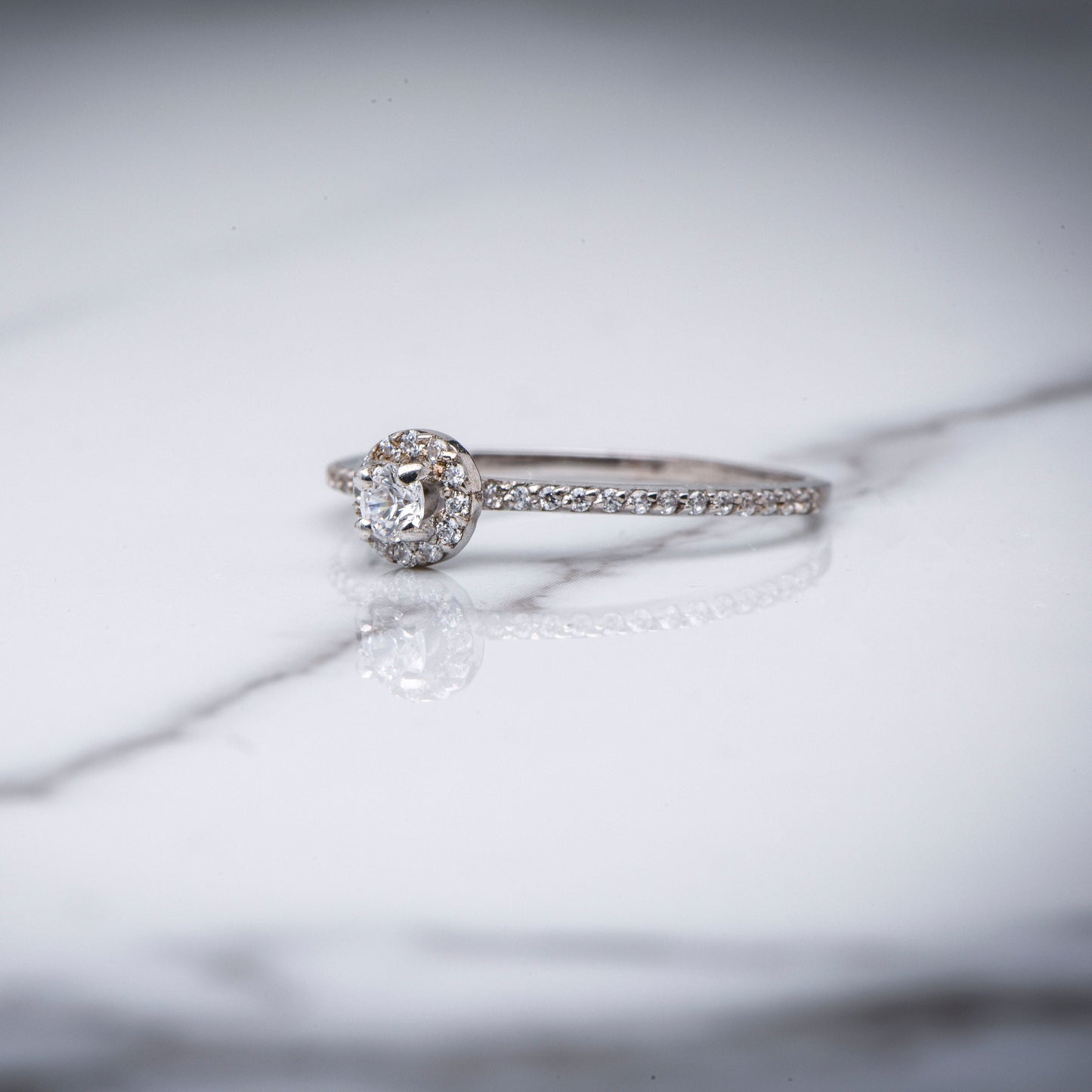 14K Gold Mini Halo Diamond Ring, Round Cut Center with Halo and Pavé Band, Elegant Engagement or Gift Ring