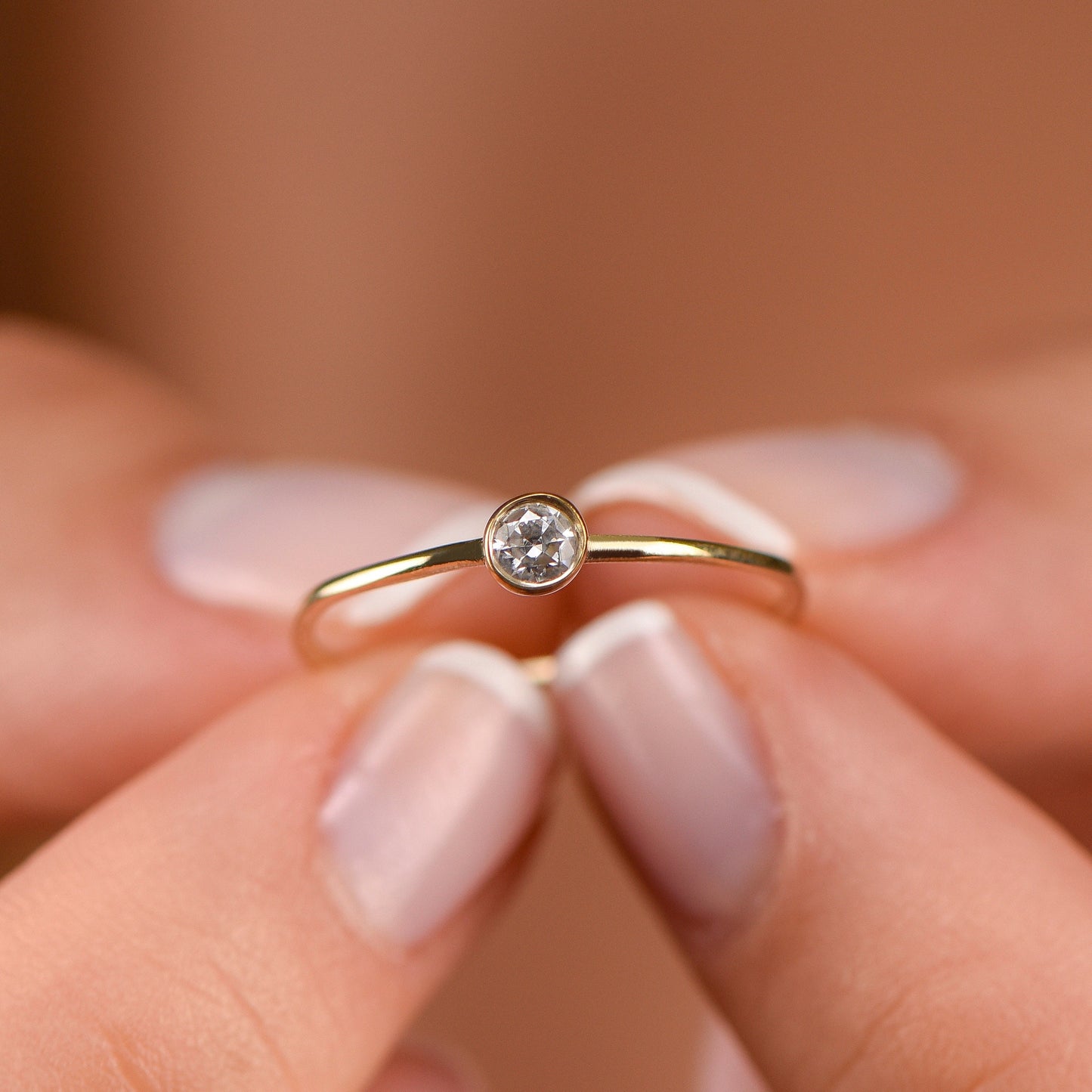 14K Gold Bezel Set Solitaire Ring – Dainty Diamond Stackable Minimalist Ring for Women