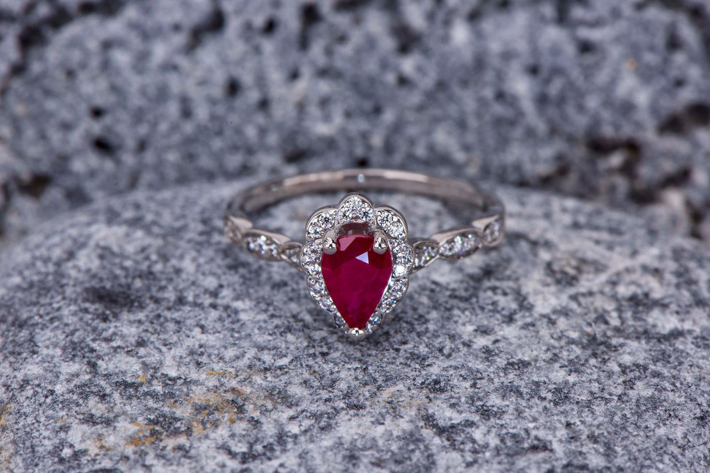 Vintage Pear Cut Ruby and Diamond Ring in 14k Gold – Unique Engagement, Bridal or Mother’s Day Gift