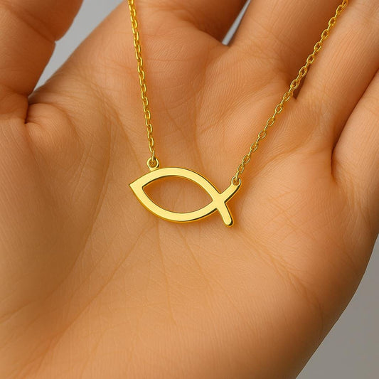 Ichthys Fish Necklace – Solid 8K & 14K Rose, White and Yellow Gold Christian Pendant – Jesus Necklace – Religious Faith Jewelry Gift