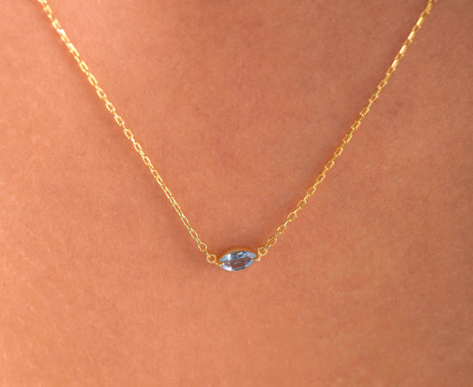 14K Yellow Gold Marquise Aquamarine Necklace - Dainty Blue Gemstone Pendant for Her
