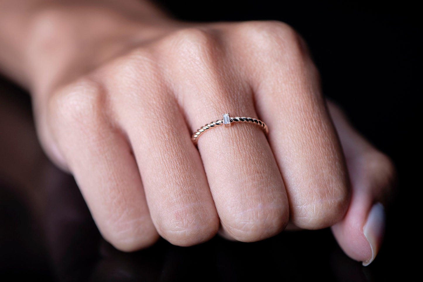 14k Gold Twisted Diamond Ring – Minimalist Baguette Cut Stackable Band for Everyday or Gift