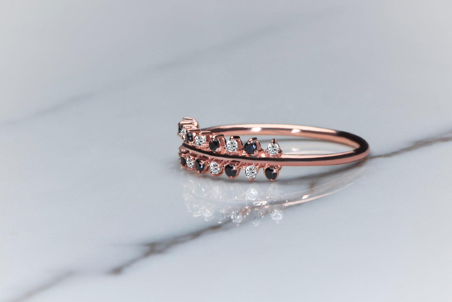 14K Solid Gold Black and White Diamond Half Eternity Ring – Dainty Stacking Ring