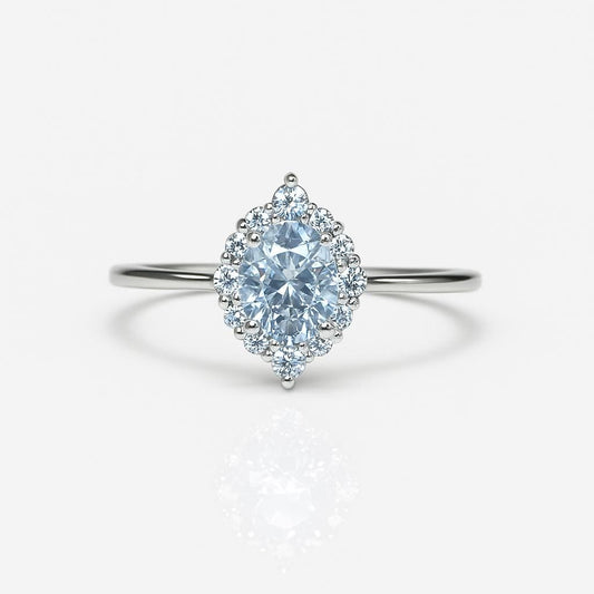 Halo Diamond Engagement Ring – 14K White Gold, 1.10ct, Customizable Stone, Handmade Dainty Ring