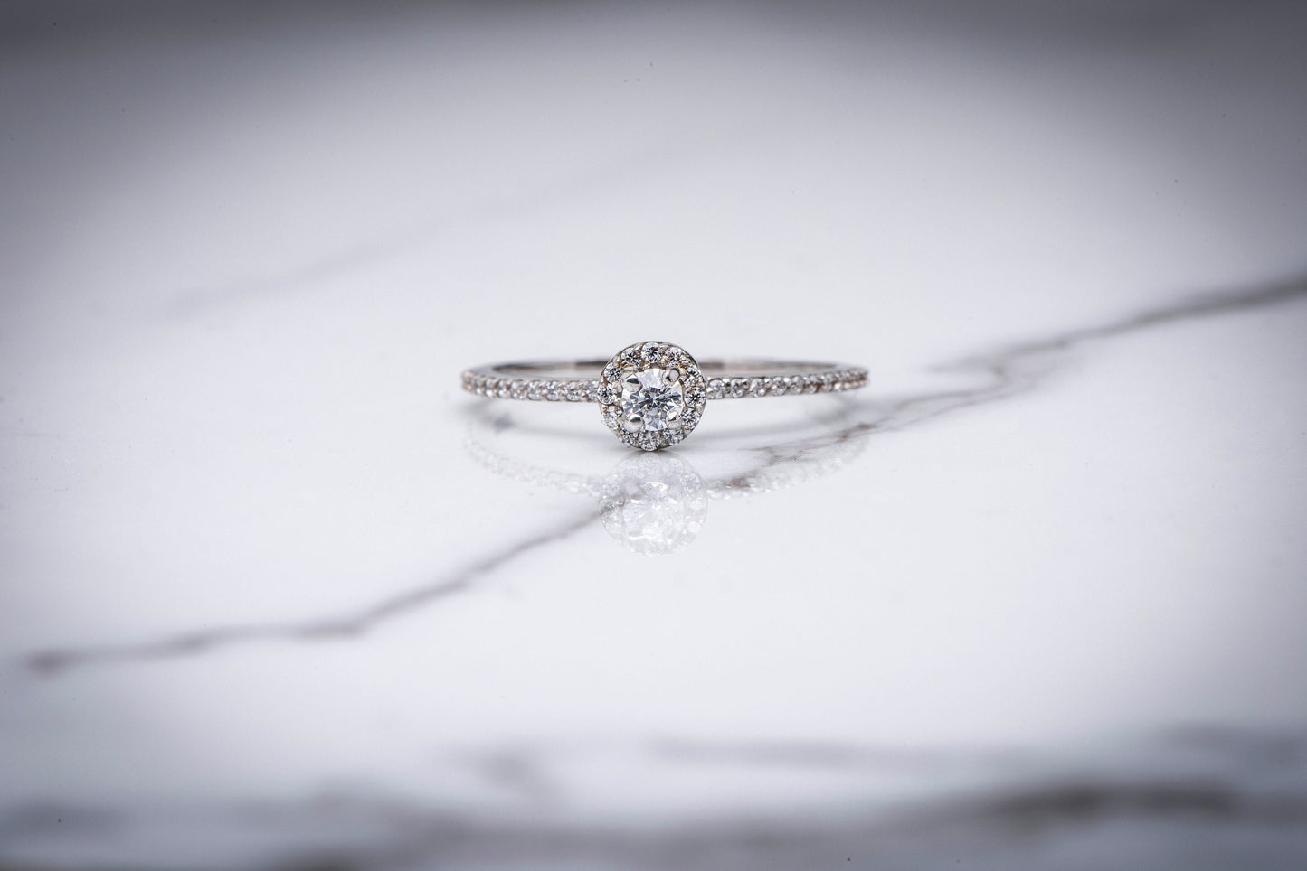 14K Gold Mini Halo Diamond Ring, Round Cut Center with Halo and Pavé Band, Elegant Engagement or Gift Ring