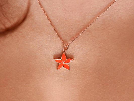 14K Rose Gold Orange Enamel Flower Necklace - Dainty Floral Pendant Gift for Her