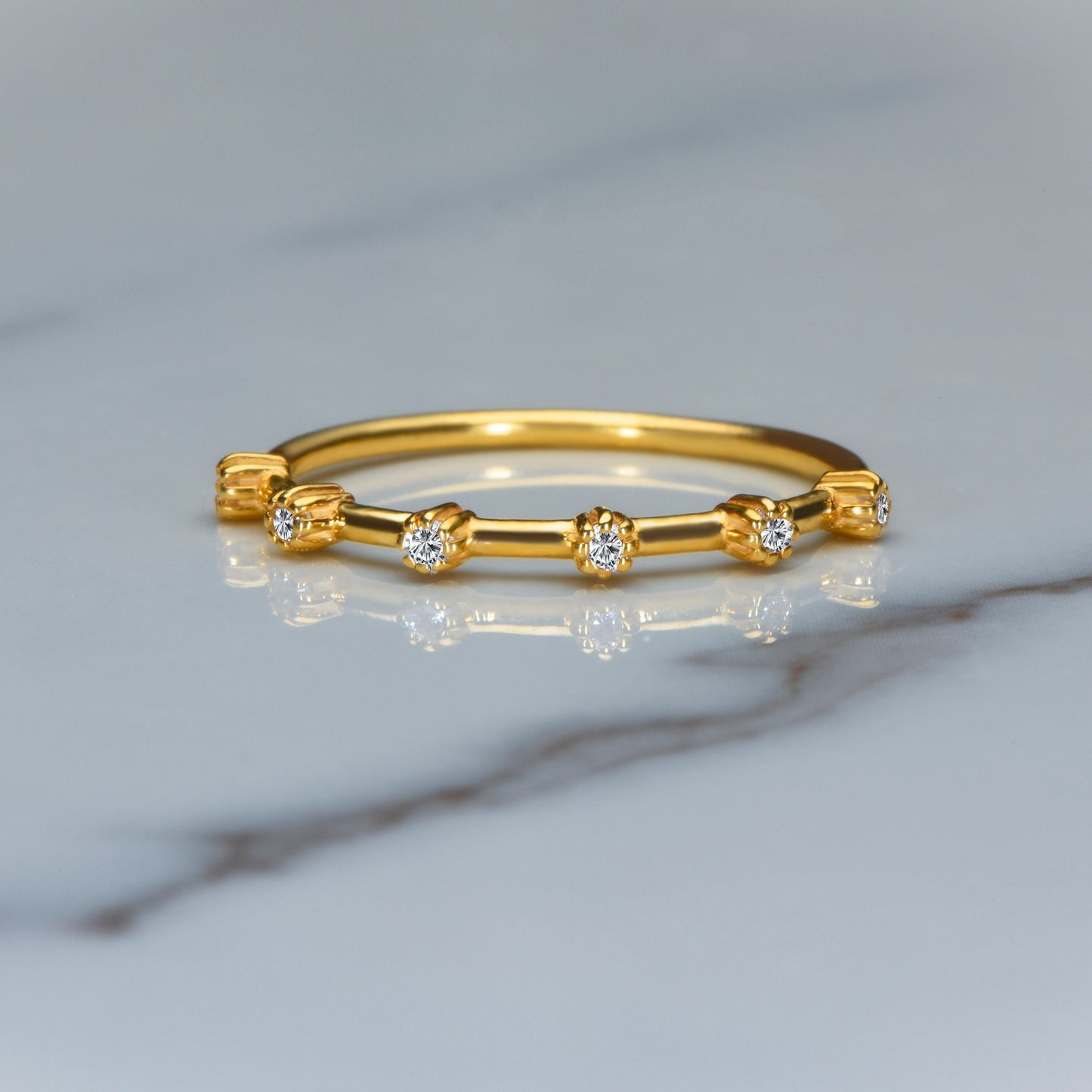 14K Solid Gold Minimal 6 Stone Ring, Gold Cluster Ring, Minimal Diamond Gold Ring, Customizable Gold Diamond Ring, Gift For Mom