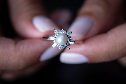 14K Gold Pearl and Diamond Ring with Baguette and Round Cut Stones, Elegant Anniversary or Engagement Ring