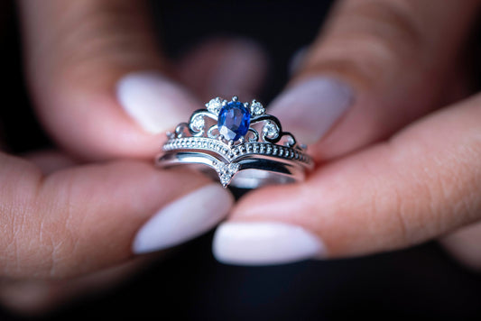 Royal Sapphire and Diamond Tiara Ring in 14k Gold – Princess Crown Engagement or Wedding Ring