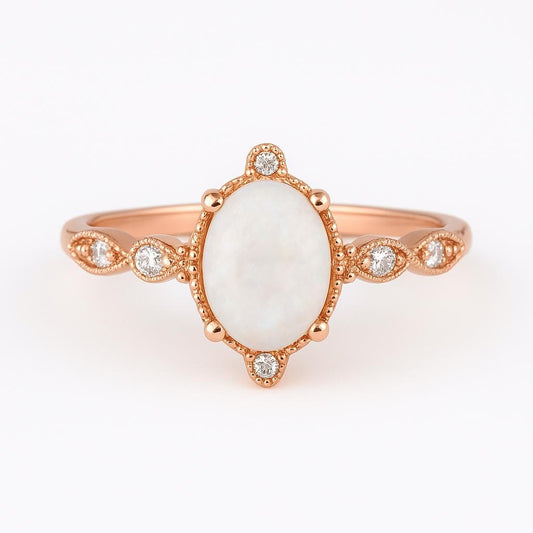 Vintage Opal and Diamond Ring in Solid 14k Gold – Rose Gold Oval Engagement Ring – October Birthstone Gift for Her