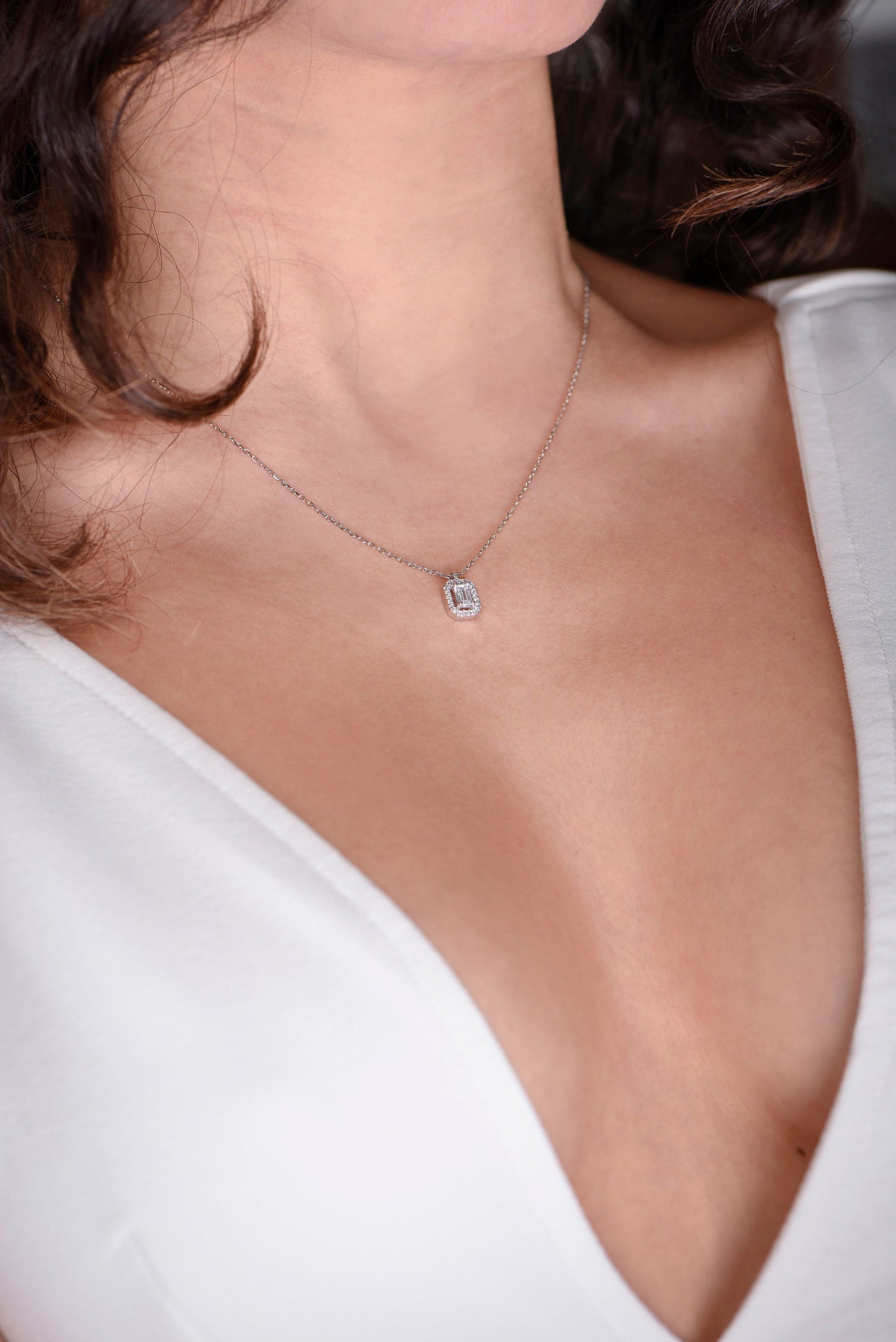 Emerald Cut Diamond Necklace, Baguette Moissanite Halo Pendant,14k Solid White Gold Necklace,Diamond Necklace,Christmas Gift Necklace
