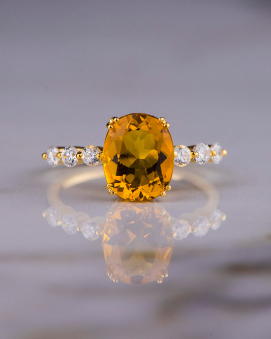 Oval Citrine and Diamond Ring in 14k Gold – Yellow Gemstone Engagement or Mother’s Day Ring