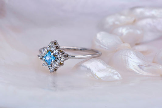 Princess Cut Blue Gemstone Halo Ring – 14K White Gold with Natural Diamonds | Vintage Inspired Handmade Mother’s Day Gift