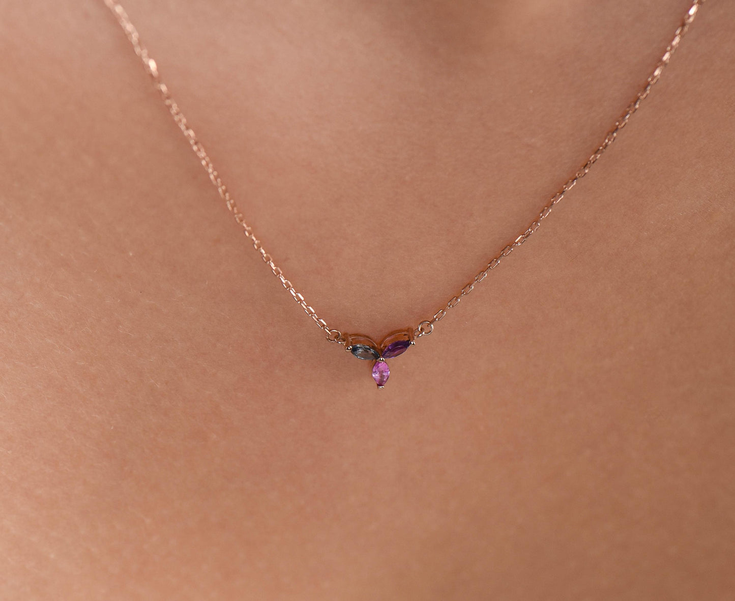 14K Gold Aquamarine, Amethyst and Pink Tourmaline Necklace - Colorful Marquise Gemstone Pendant Gift for Her