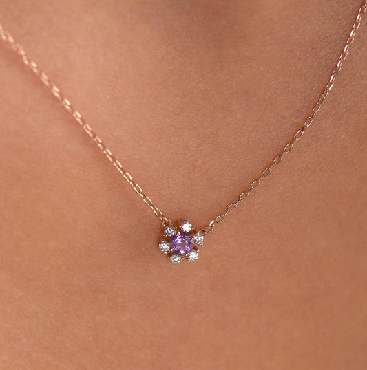 14K Yellow Gold Amethyst and Diamond Flower Necklace - Dainty Purple Gemstone Pendant for Her
