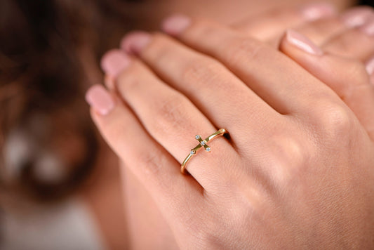 Solid 14K Gold Cross Ring – Minimalist Diamond Cross Ring, Christian Fine Jewelry