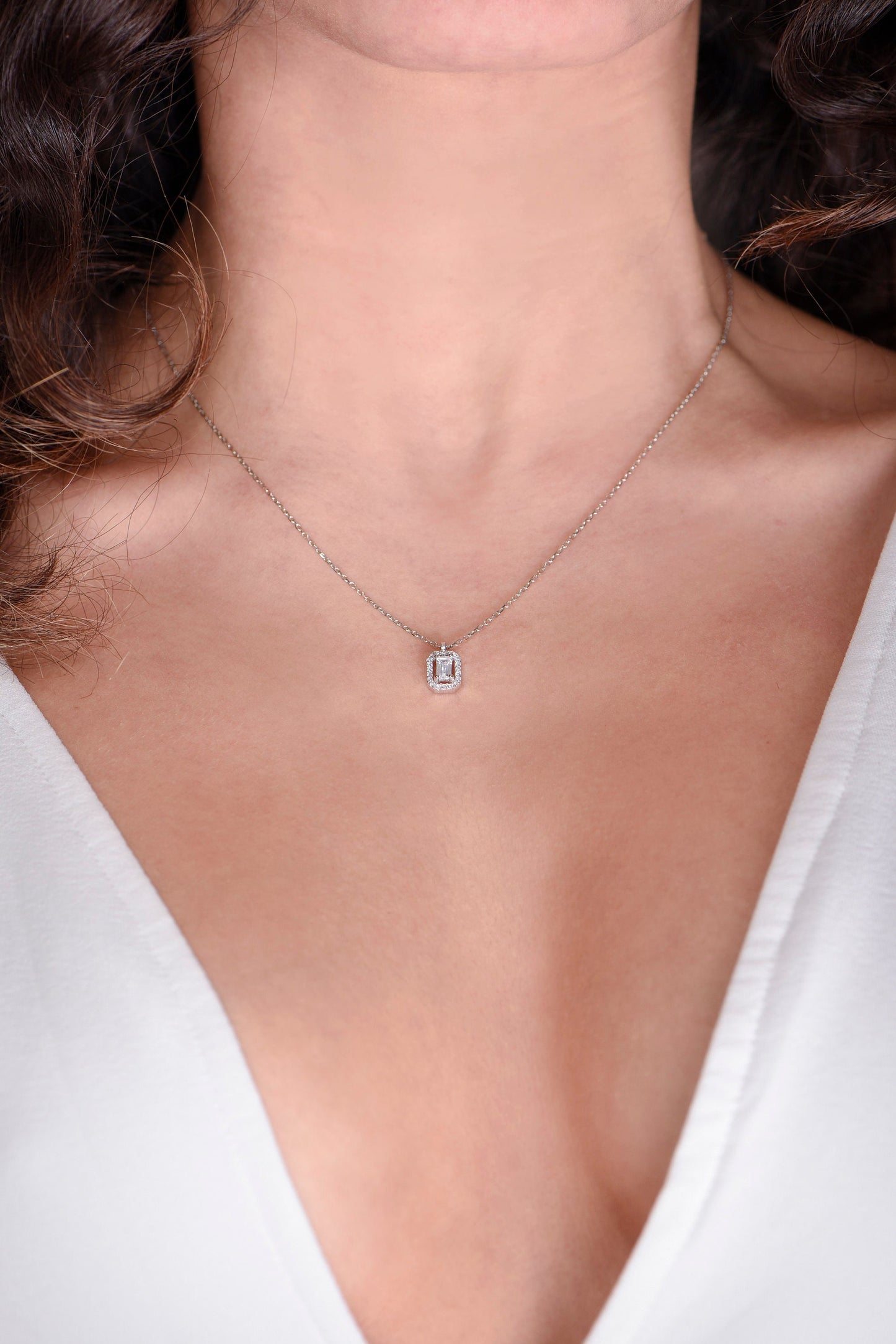 Emerald Cut Diamond Necklace, Baguette Moissanite Halo Pendant,14k Solid White Gold Necklace,Diamond Necklace,Christmas Gift Necklace