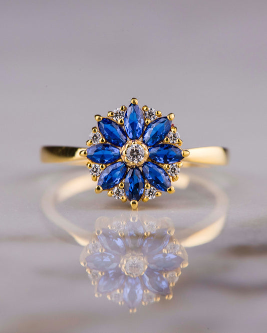 Floral Blue Sapphire and Diamond Cluster Ring in 14k Gold – Vintage Style Engagement or Gift for Her