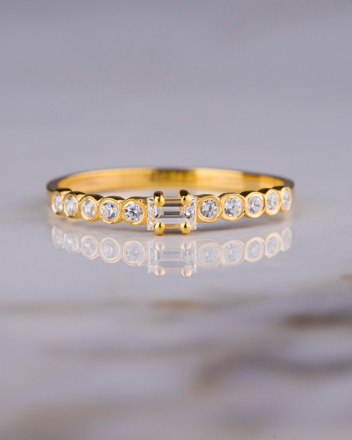 14K Gold Baguette and Round Diamond Ring – Dainty Stackable Engagement Band