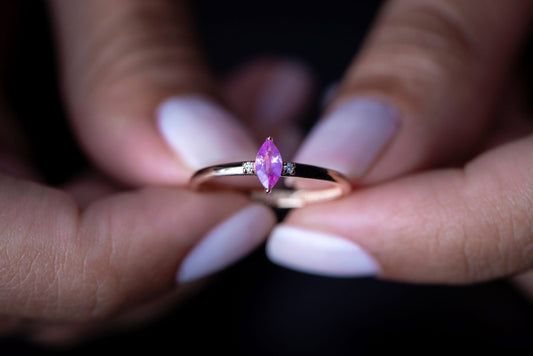 Marquise Cut Pink Sapphire and Diamond Ring – 14K Solid Gold Dainty Gemstone Band | Handmade Elegant Gift for Mother’s Day