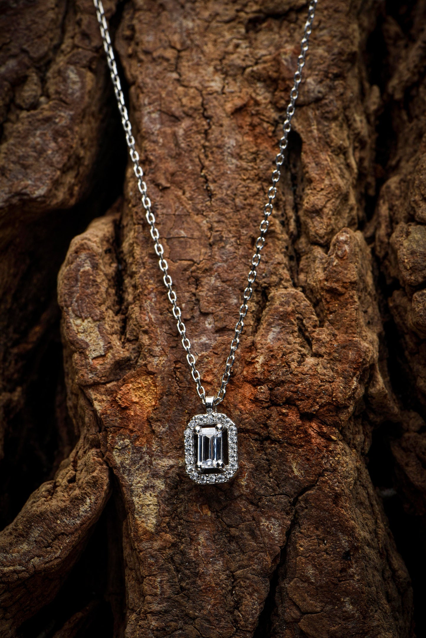 Emerald Cut Diamond Necklace, Baguette Moissanite Halo Pendant,14k Solid White Gold Necklace,Diamond Necklace,Christmas Gift Necklace