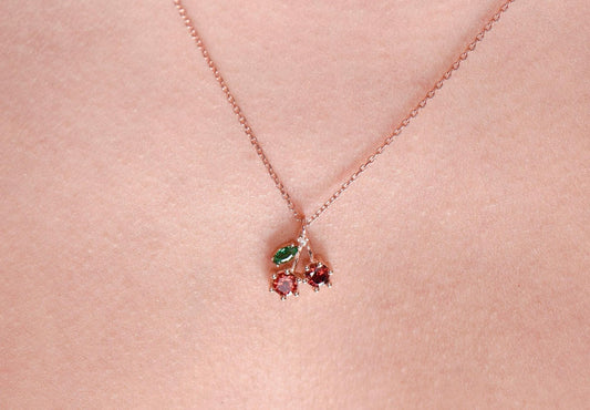 14K Rose Gold Cherry Necklace - Garnet, Emerald, and Diamond Pendant, Dainty Fine Jewelry Gift