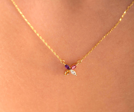 14K Yellow Gold Multicolor Gemstone Flower Necklace - Marquise Cut Pendant Gift for Her
