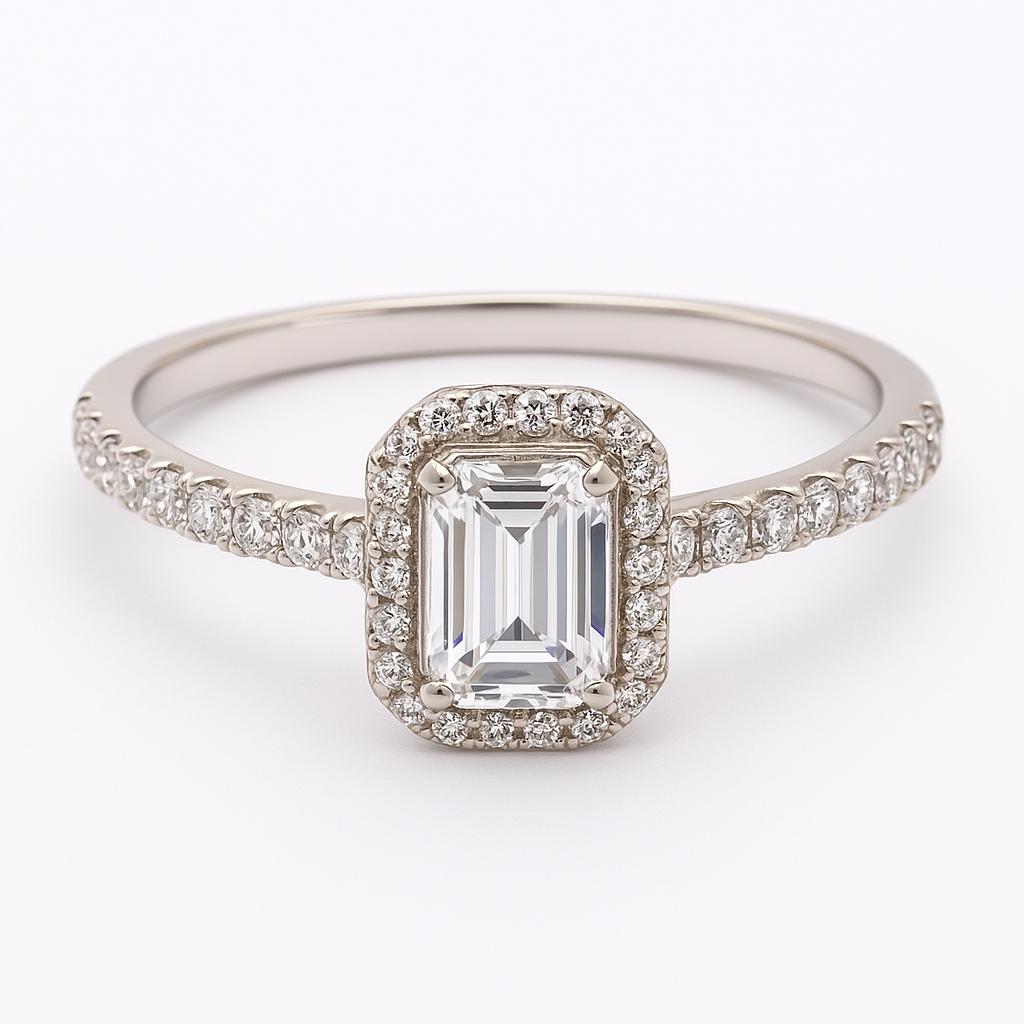 Emerald Cut Moissanite Halo Ring – 14K Yellow Gold, GIA Certified Stones, Handmade Engagement or Gift Ring