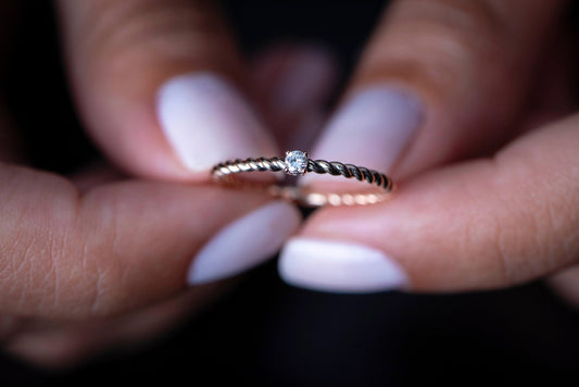 14k Twisted Gold Diamond Ring – Dainty Round Cut Minimalist Ring for Stacking or Everyday Gift