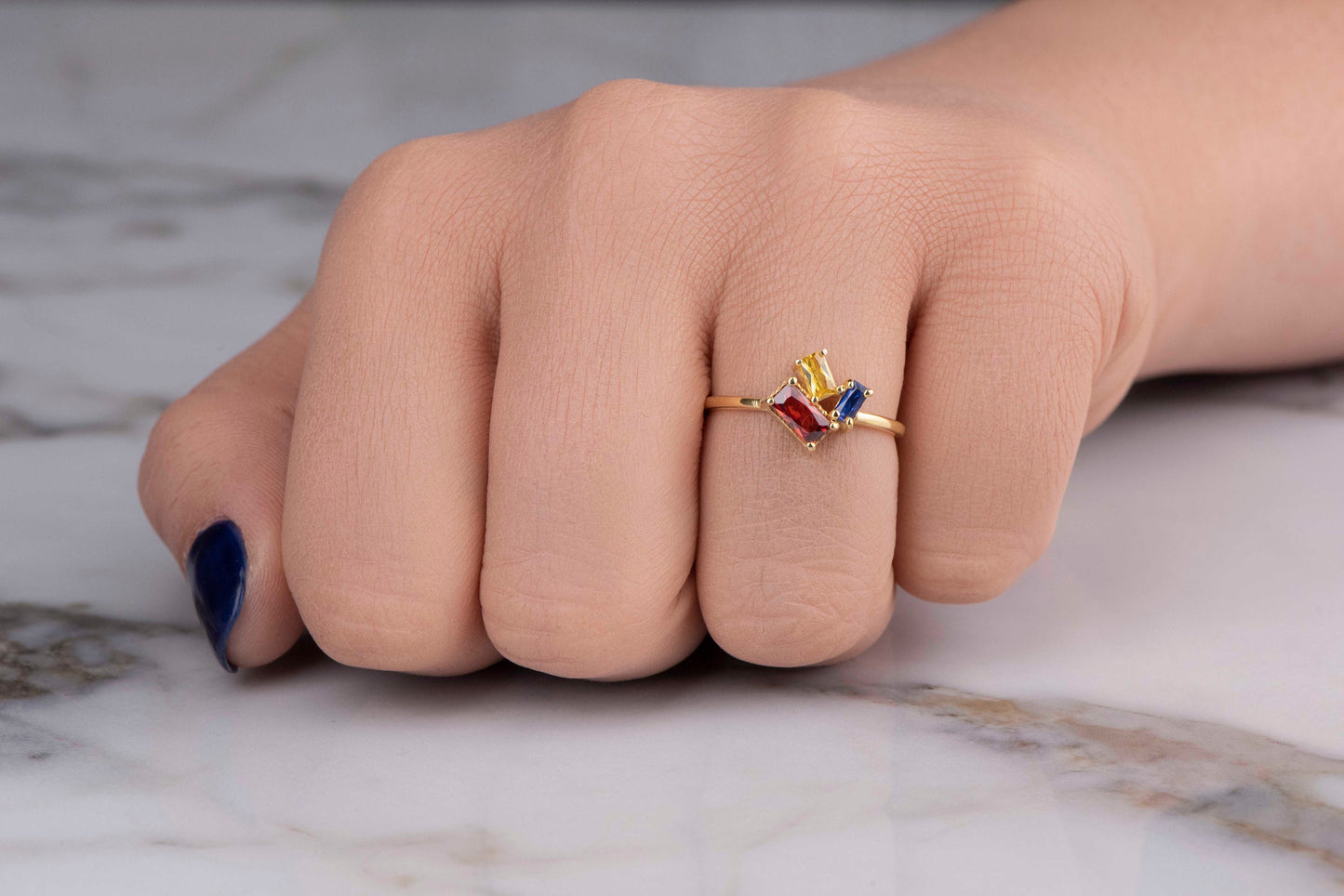 Natural Garnet Citrine and Sapphire Ring in 14k Solid Gold – Baguette Cut Birthstone Trio Gemstone Ring for Mother’s Day Gift