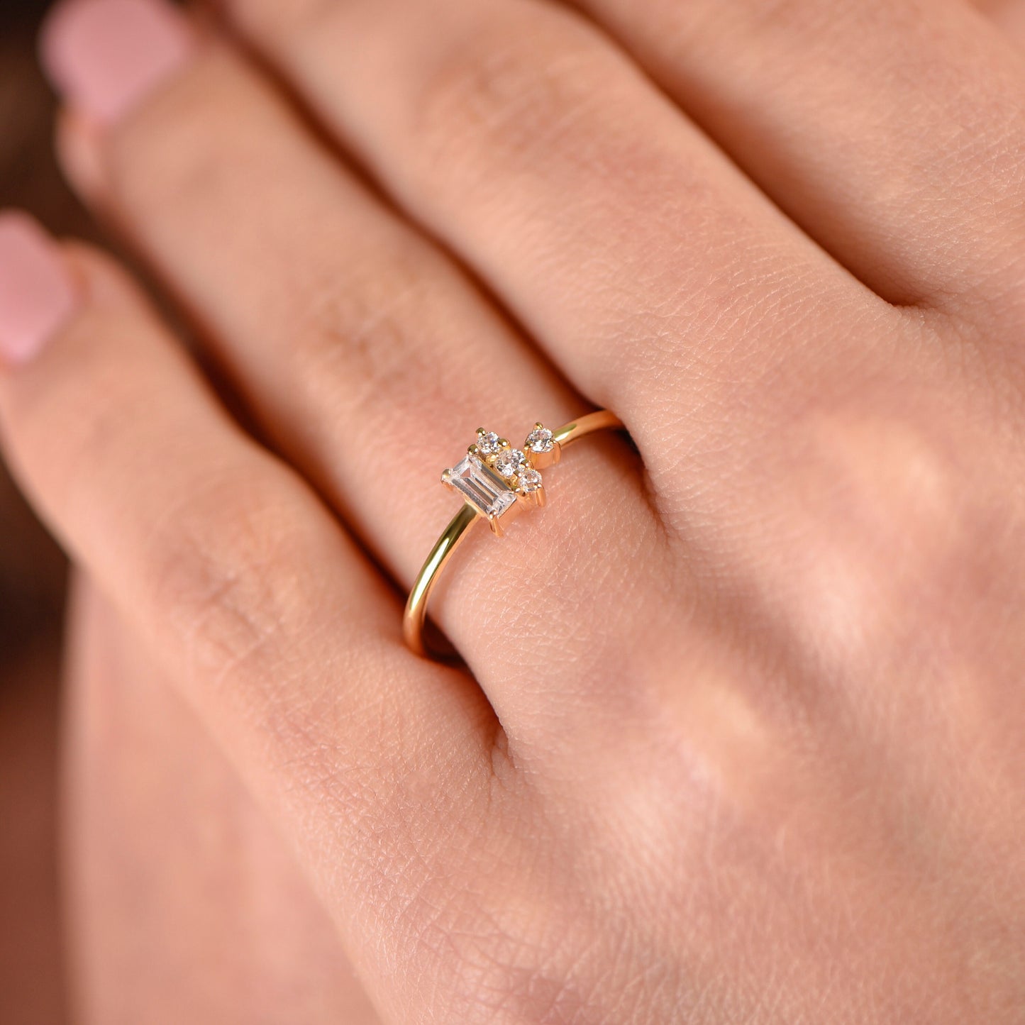 14K Gold Diamond Ring with Baguette and Round Cut Stones, Minimalist Thin Band Engagement Ring, Dainty Fine Jewelry for Her