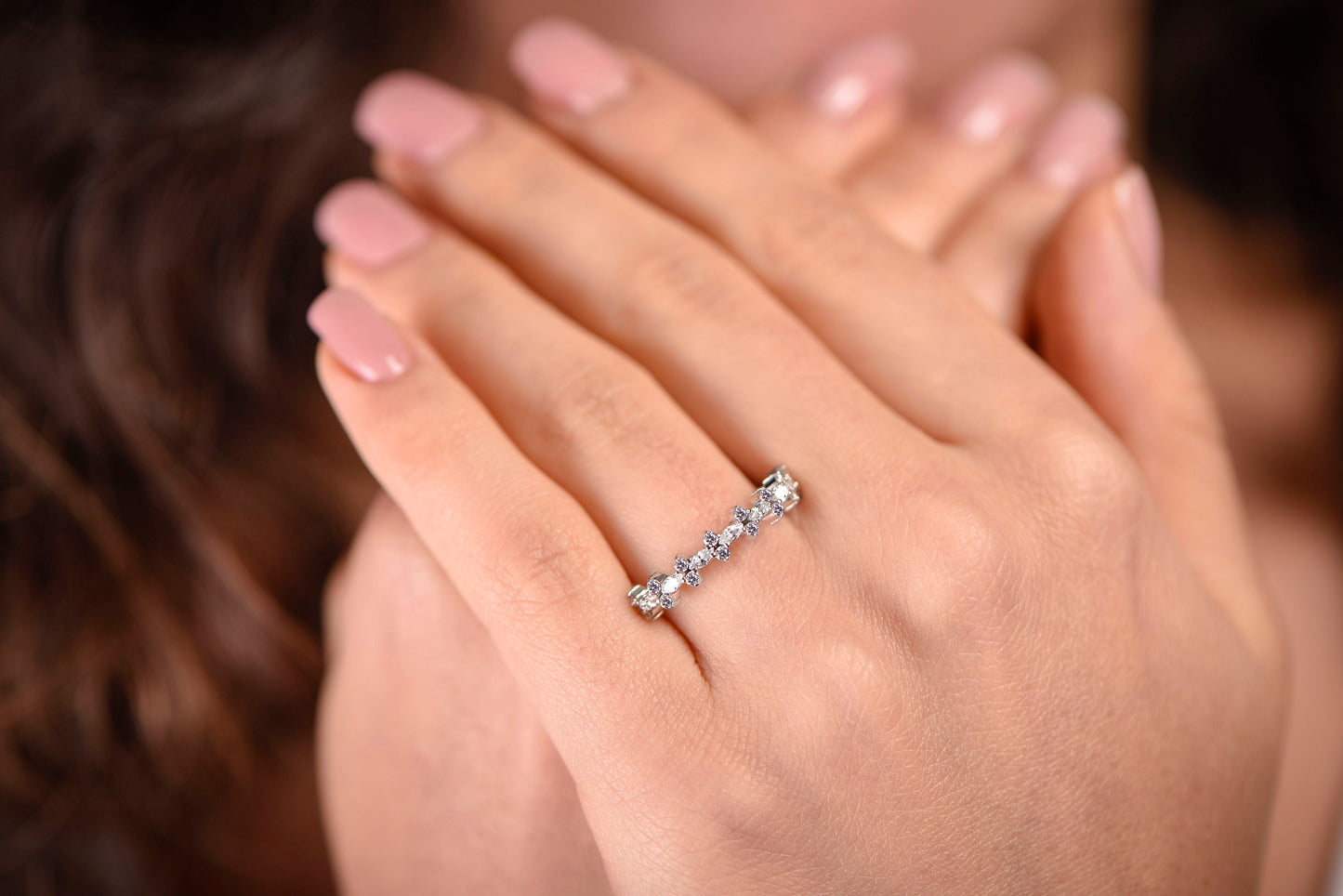 Solid Gold Marquise and Round Diamond Ring, Elegant Marquise and Round Diamond Ring with Thin Band, Gift For Mom