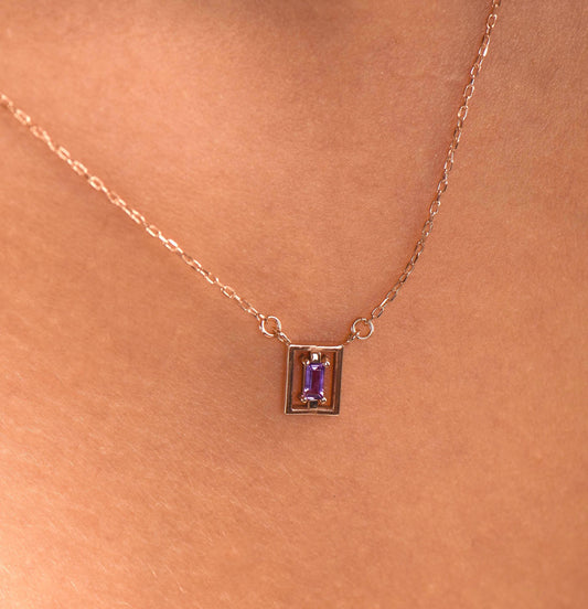 Rectangular Frame Gemstone Necklace in 14K or 8K Gold - Minimalist Baguette amethyst,Pendant Gift for Her