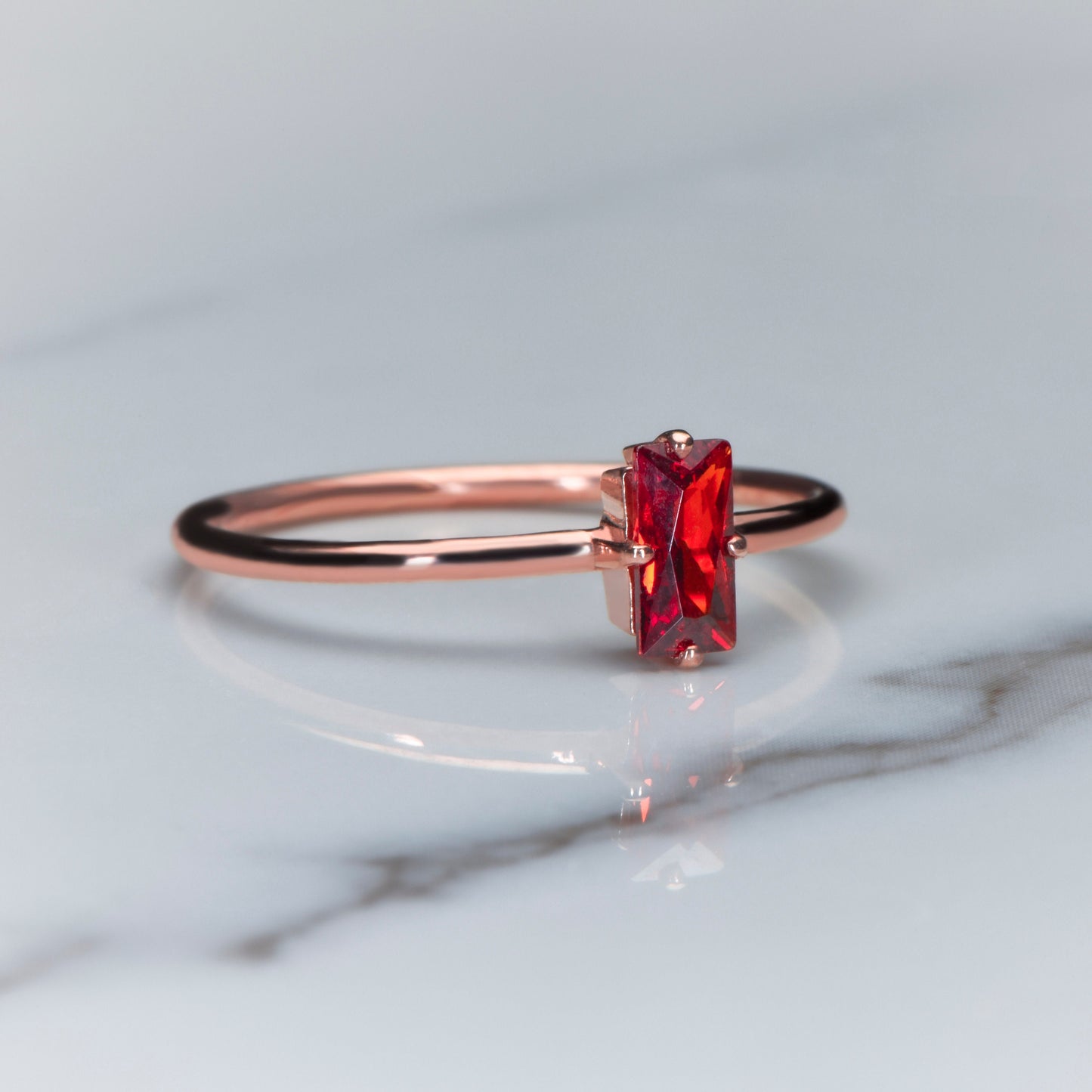 Minimalist Garnet Birthstone Ring in Rose White or Yellow Gold | Baguette Cut Garnet Ring | 8K 14K 18K Solid Gold Thin Band