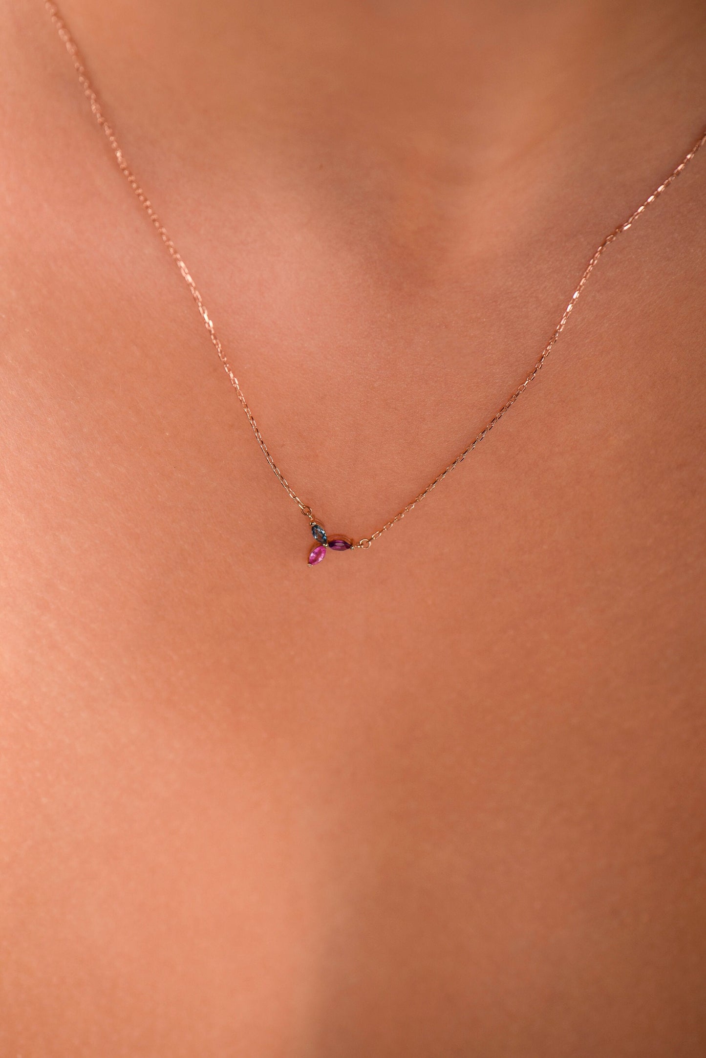 14K Gold Aquamarine, Amethyst and Pink Tourmaline Necklace - Colorful Marquise Gemstone Pendant Gift for Her