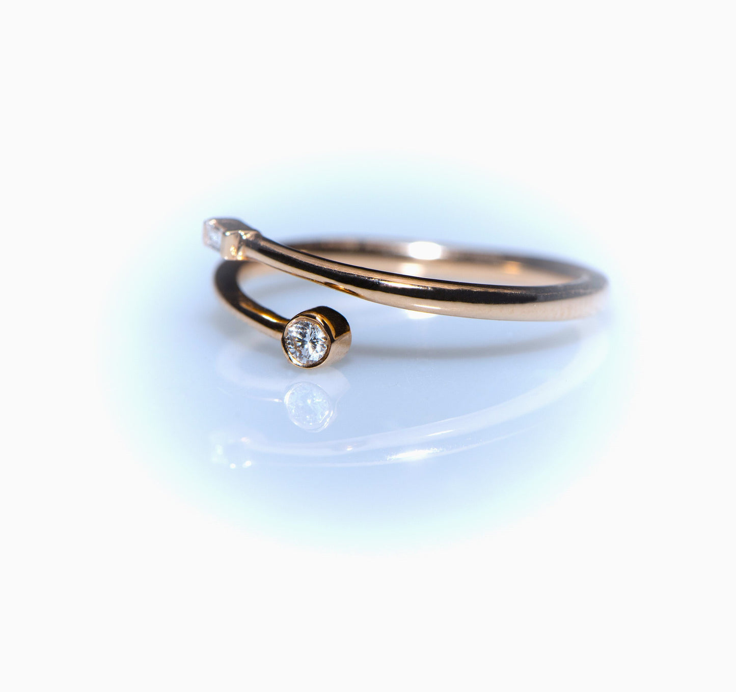 14k Gold Open Diamond Ring – Minimalist Wrap Ring with Baguette and Round Cut Diamonds