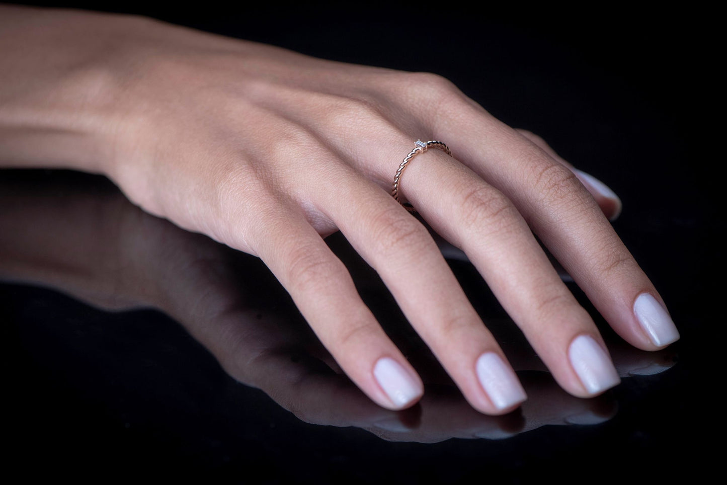 14k Gold Twisted Diamond Ring – Minimalist Baguette Cut Stackable Band for Everyday or Gift