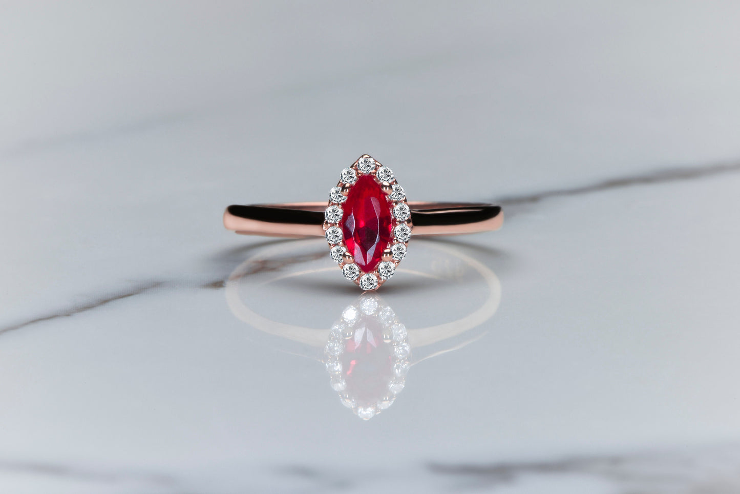 Marquise Ruby and Diamond Halo Ring in 14k Rose Gold – Romantic Vintage Engagement or Gift for Her