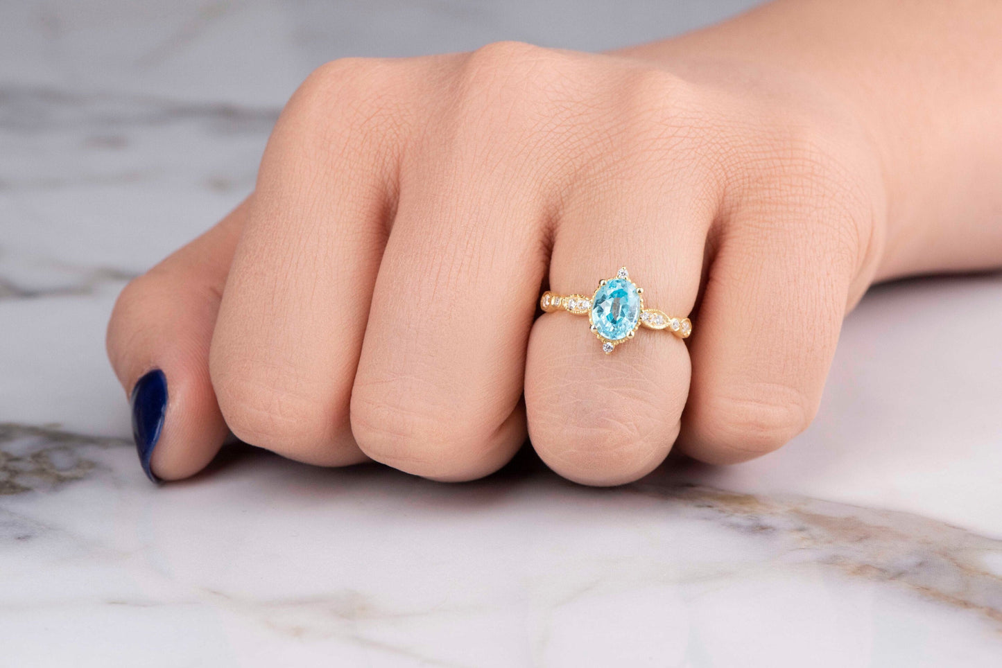 Oval Aquamarine and Diamond Ring in 14k Gold – Vintage Style Engagement or Mother’s Day Ring for Her