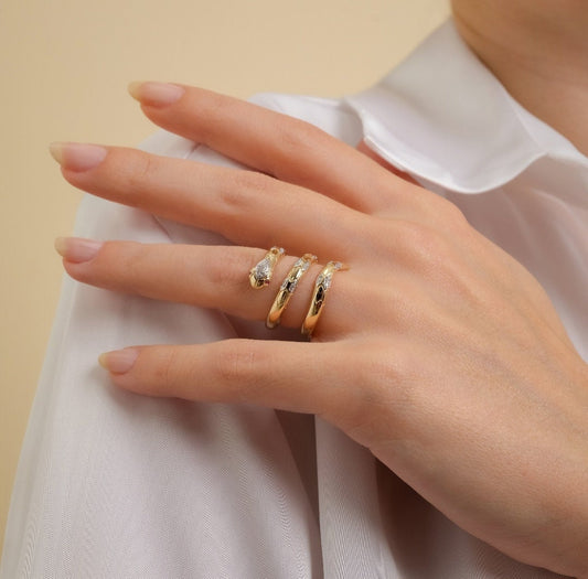 Gold Snake Ring with CZ Stones - Triple Coil Serpent Ring, Adjustable Wrap Ring, Unique Statement Jewelery, Gothic Punk Style Gift for Her