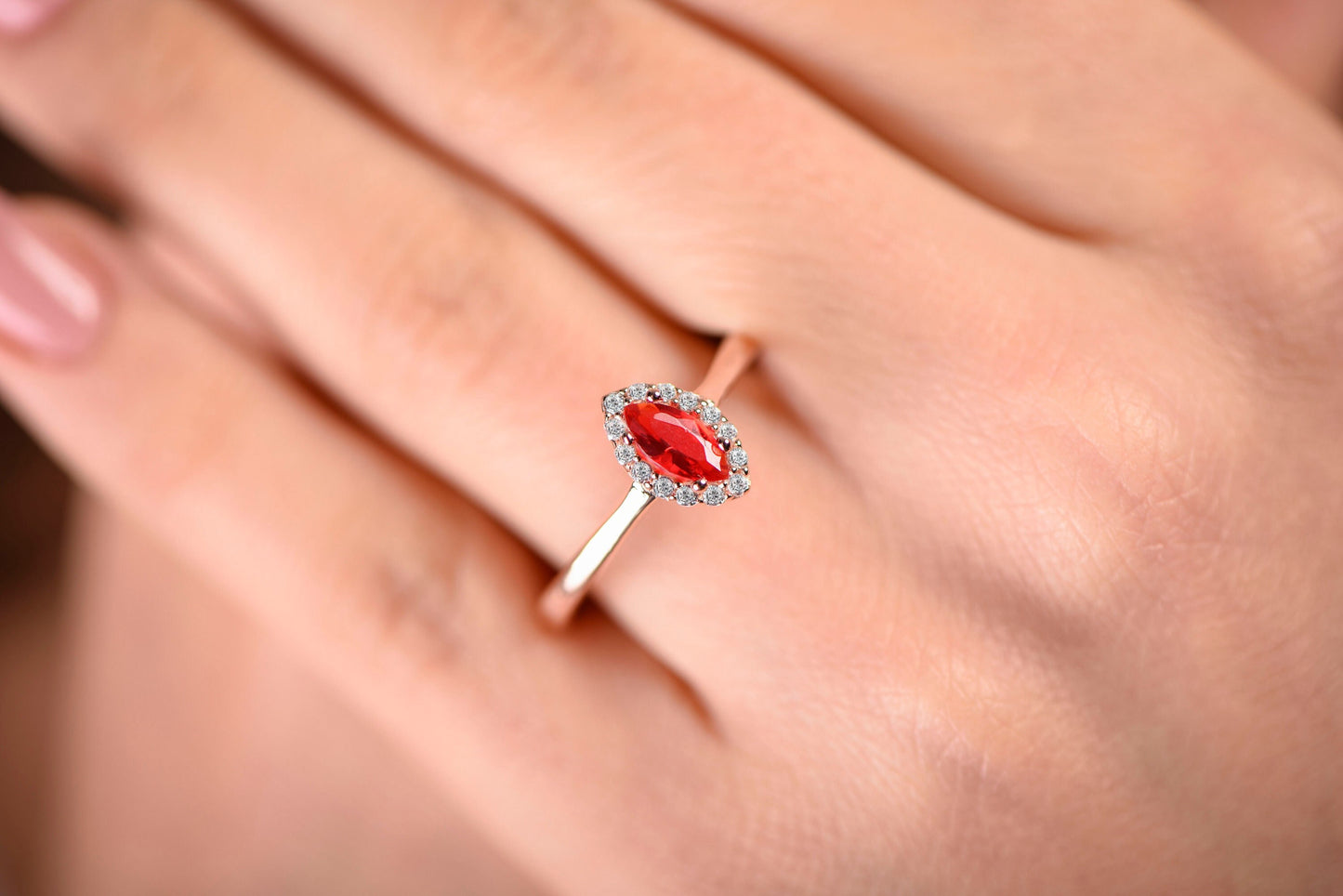 Marquise Ruby and Diamond Halo Ring in 14k Rose Gold – Romantic Vintage Engagement or Gift for Her