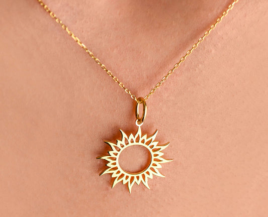 Sun Symbol Necklace / 14K Yellow Gold Sun Necklace/Planet Symbols Charm Pendant/Sun Symbol Charm/Christmas Gift Necklace/X-mas Gift Necklace