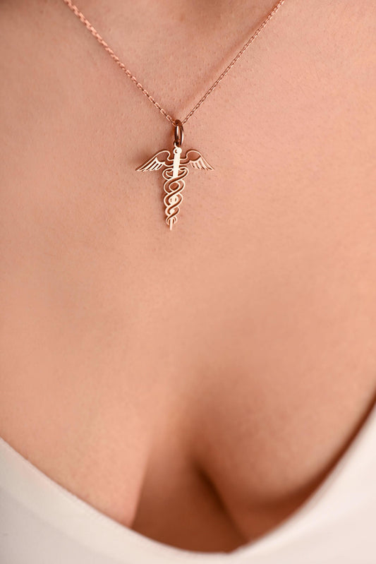 Caduceus Necklace – Solid 8K & 14K Rose, White and Yellow Gold Medical Symbol Pendant  – Health and Healing Jewelry Gift